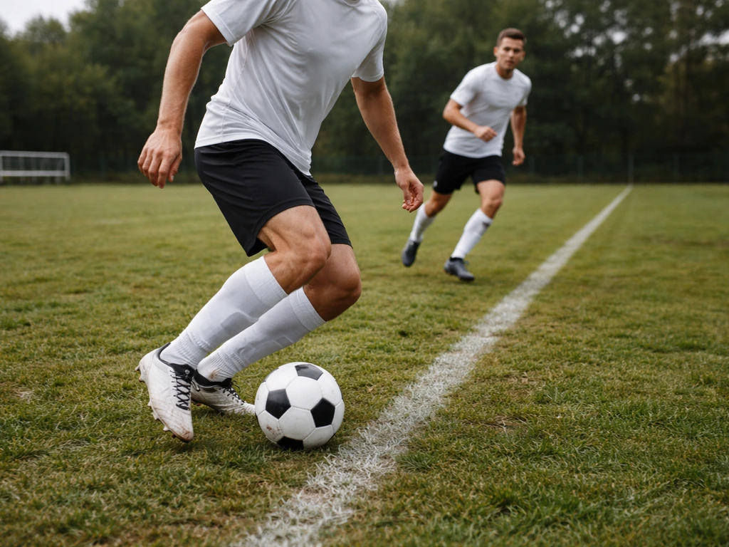 Enchaînement de passes et débordement sur le côté, joueur de foot en action sur un terrain d’entraînement.