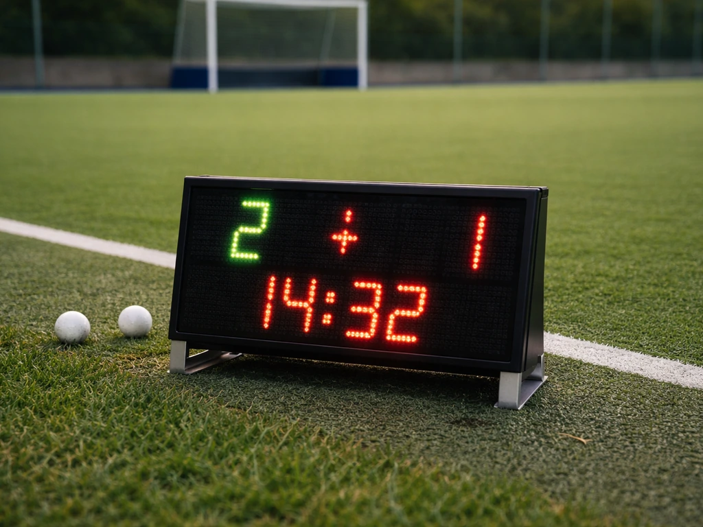 Tableau de marque et chronomètre de hockey sur gazon montrant score et quart-temps, ambiance bord de terrain