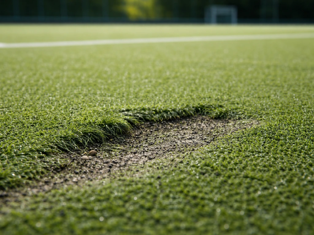 Terrain de hockey sur gazon : zone irrégulière avec granulat déplacé, prête pour diagnostic.