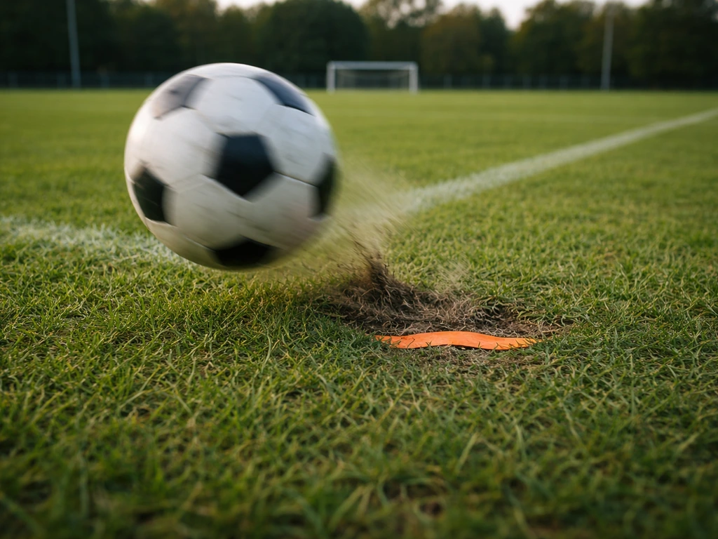 Balle de football qui semble dévier et rebondir, avec une zone discrètement marquée au sol sur le terrain.