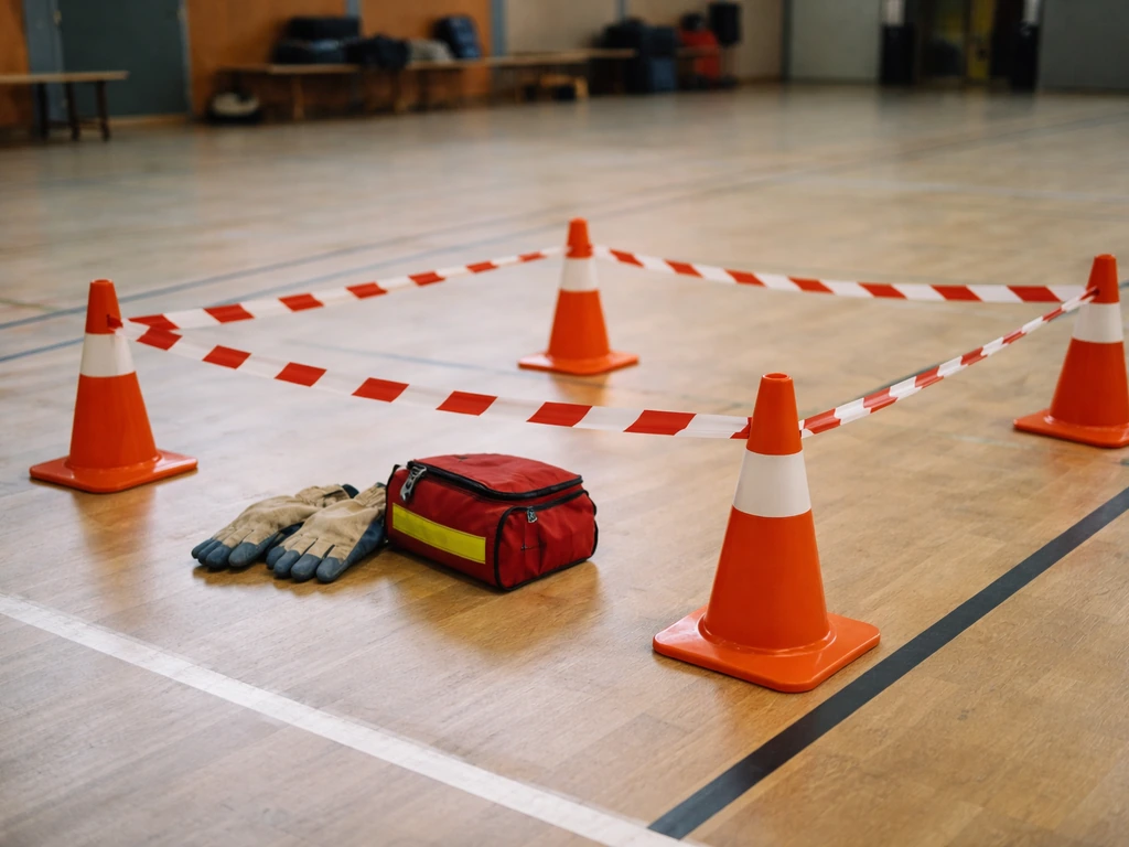 Zone de sécurité balisée au sol avec cônes et ruban, matériel de protection au bord, sans personnes.