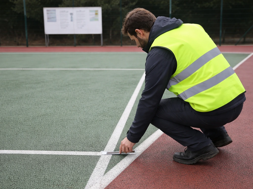 Inspecteur anonyme devant un terrain de sport, vérifie l’état de la surface et un panneau de règles sans texte.