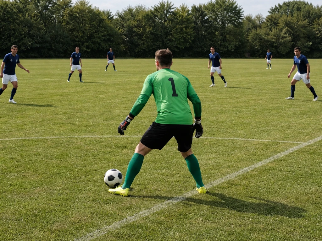Sur un terrain de foot, un gardien prépare une sortie de balle du tiers défensif avec des coéquipiers proches en appuis.