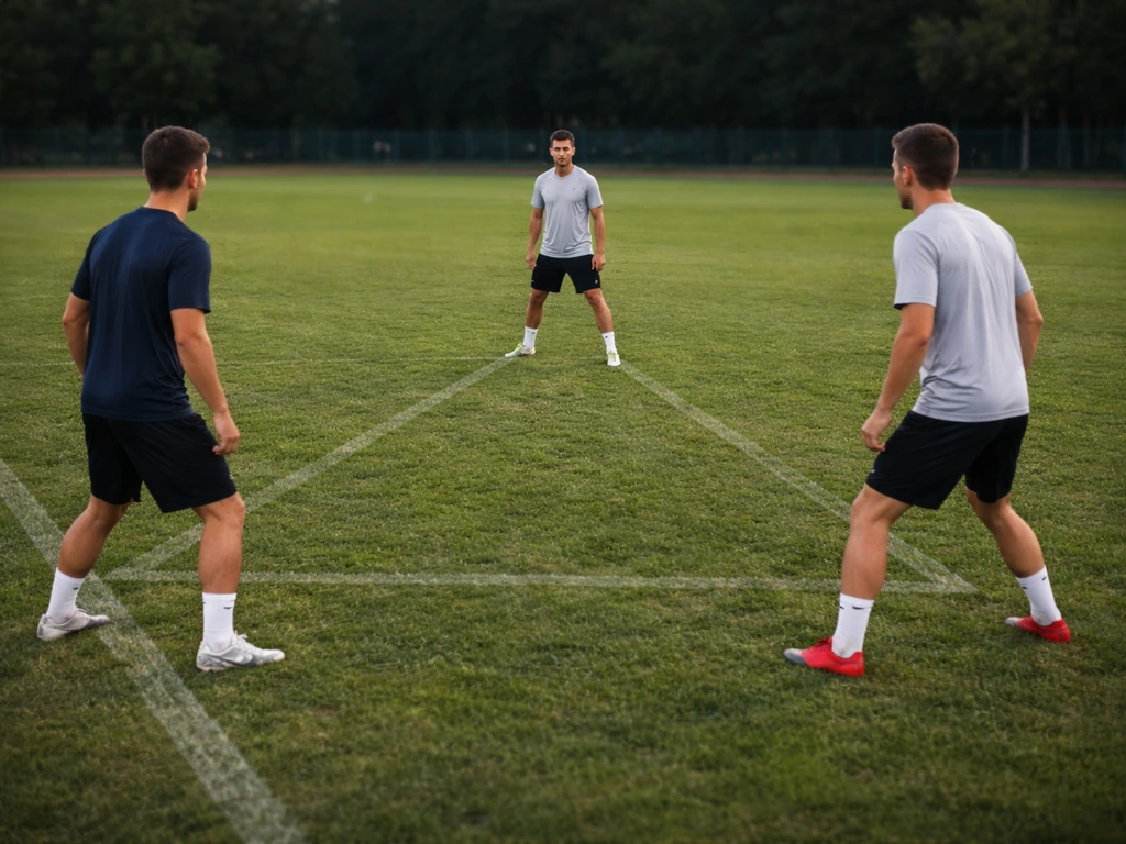 Trois joueurs anonymes forment un triangle sur un terrain, distance 15–20 m, en attente de passes.