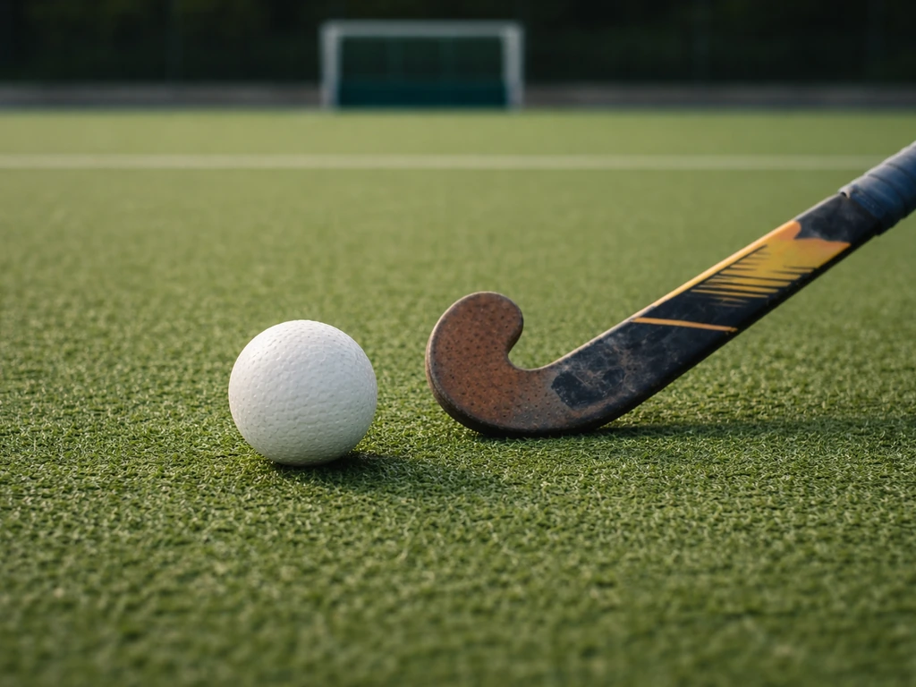Ballon de hockey sur gazon sur gazon synthétique avec un stick, ambiance de match, sans joueurs visibles.