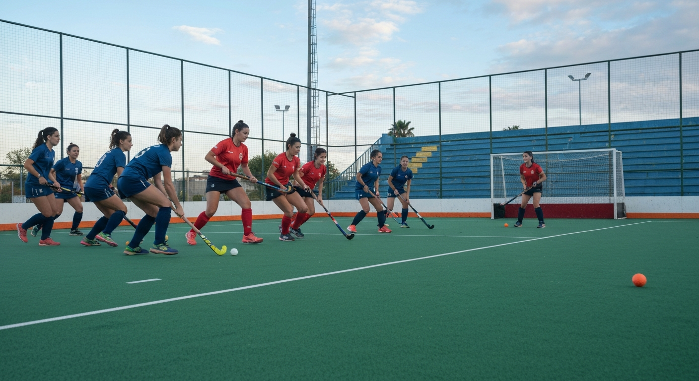 Entraînement intense de hockey sur gazon en Argentine, joueurs en position basse dribblant au coucher du soleil.