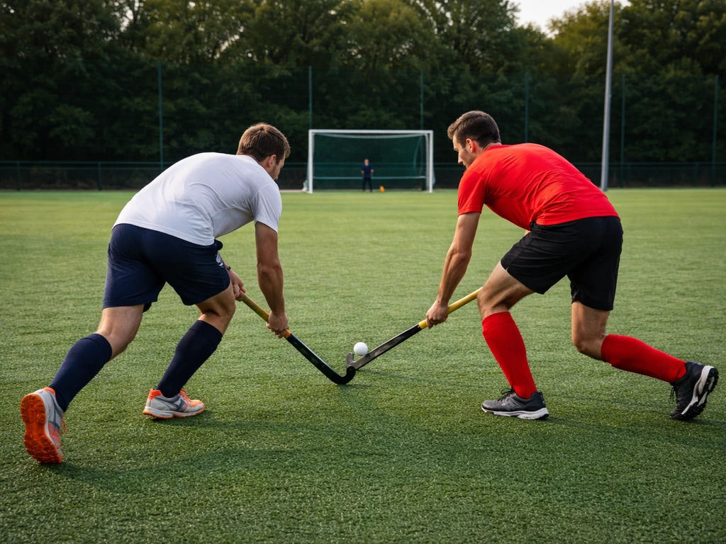 Match de hockey sur gazon sur un terrain gazonné en France, joueurs et buts visibles dans une ambiance sportive