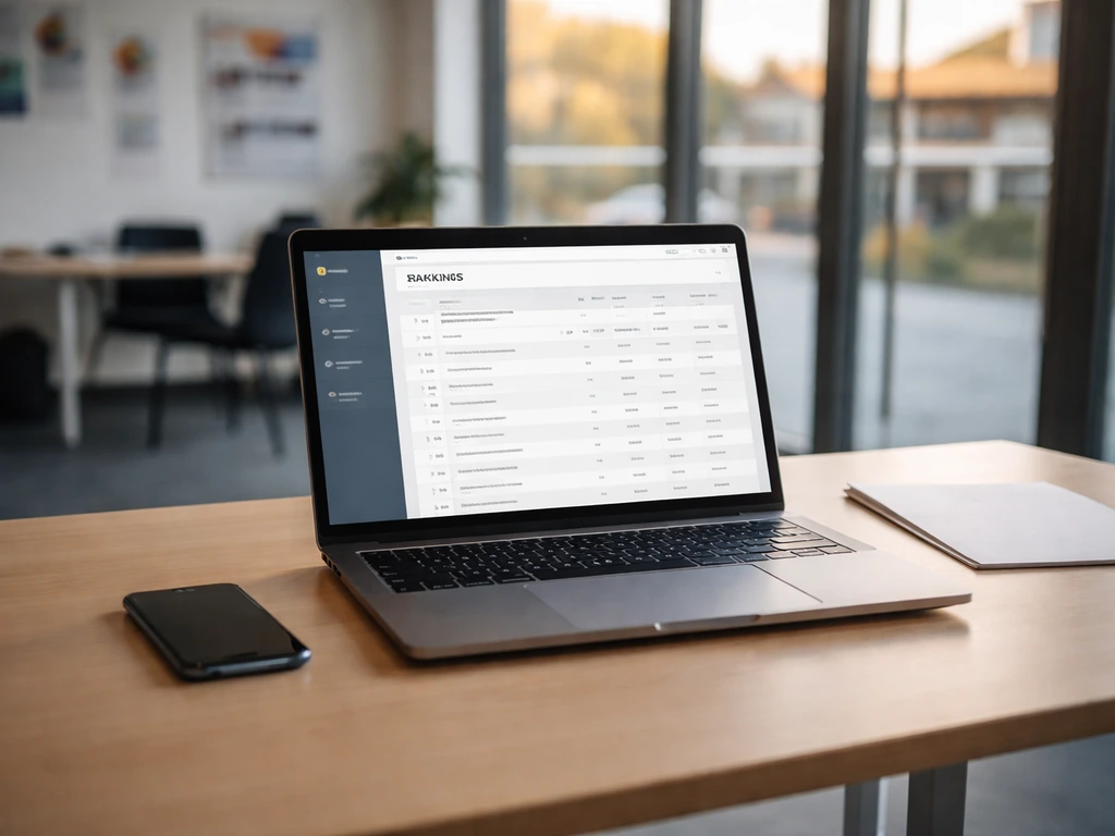Ordinateur portable sur un bureau, écran montrant une page web de classements sans texte lisible.