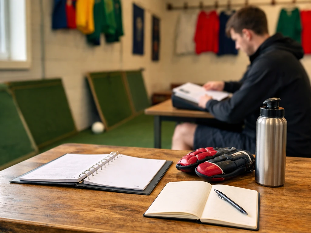 Salle club de hockey, table de direction avec documents et un carnet ouvert