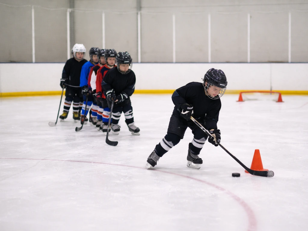 Enfants en tenue de hockey s’entraînant sur une patinoire, ballons de placement et filetes, ambiance sportive calme