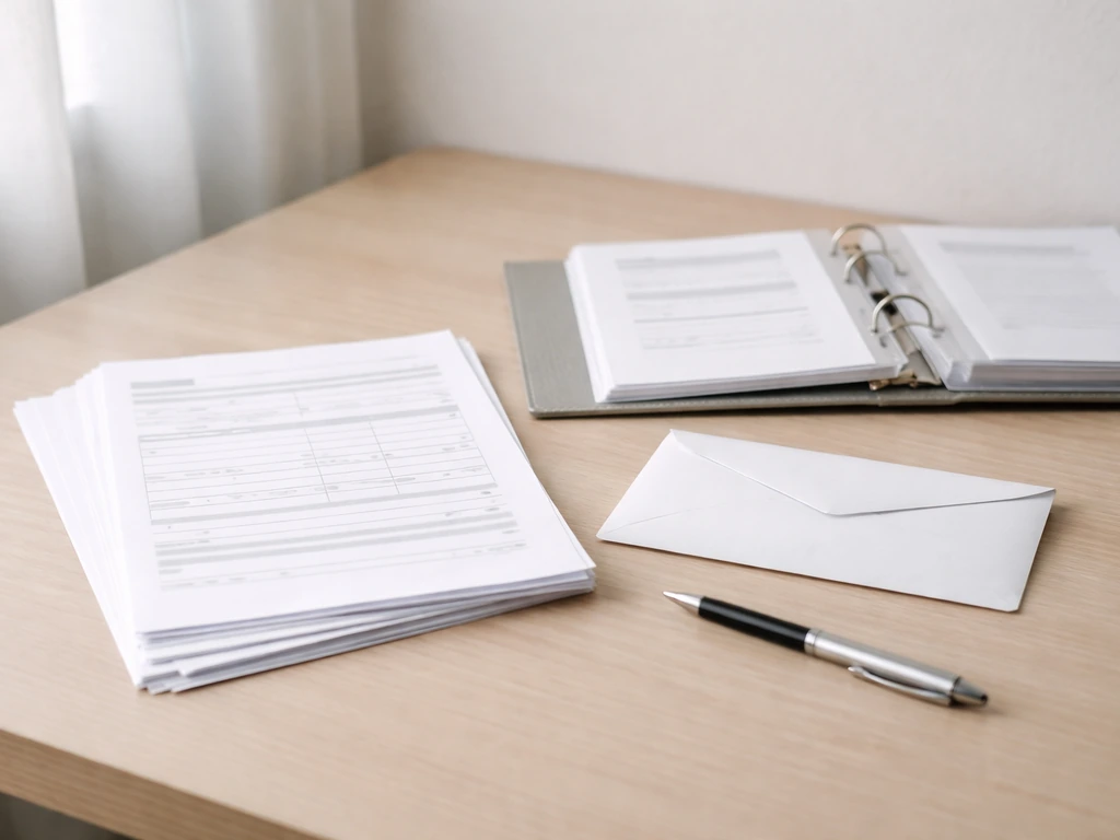 Bureau avec enveloppes de documents de licence, formulaire imprimé et enveloppe scellée pour l’inscription