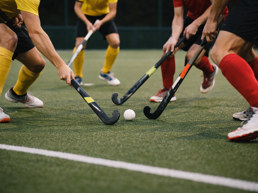 Joueurs anonymes de hockey sur gazon en action sur terrain synthétique, balle en jeu, ambiance de match.