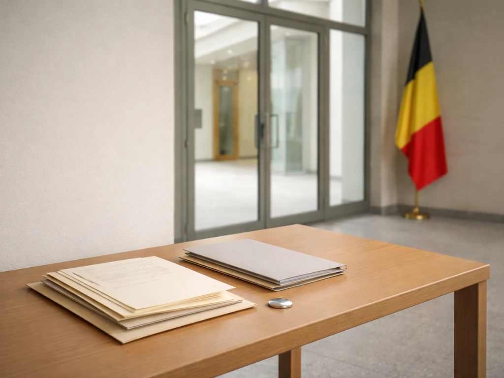 Documents officiels sur une table dans un hall institutionnel, ambiance fédération en Belgique.
