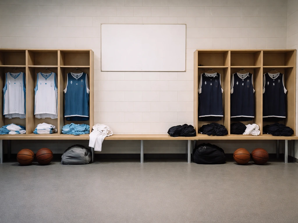 Deux équipes d’un même club, séparées et contrastées, dans un vestiaire de club de basket en Belgique