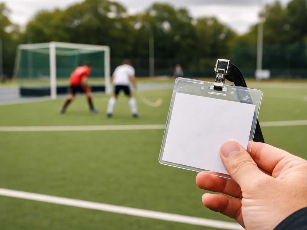 Officiel tenant un badge près d’un terrain de hockey sur gazon en France, match en arrière-plan flou