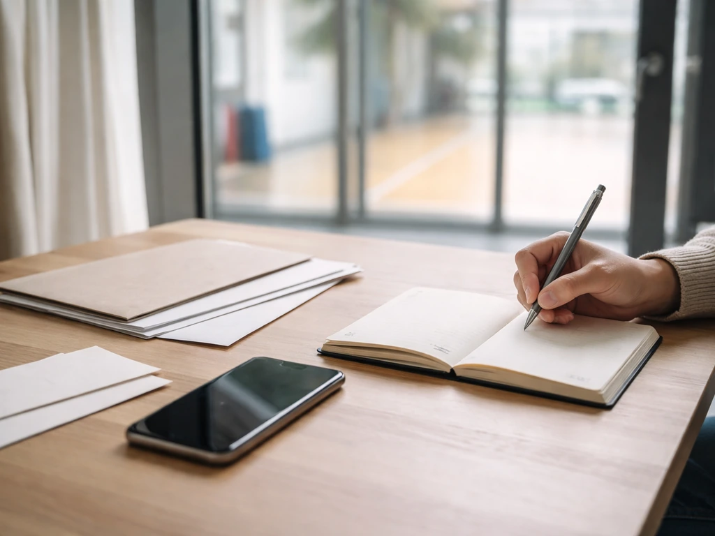 Table avec téléphone et documents vierges, main à côté d’un carnet pour préparer une inscription sportive.