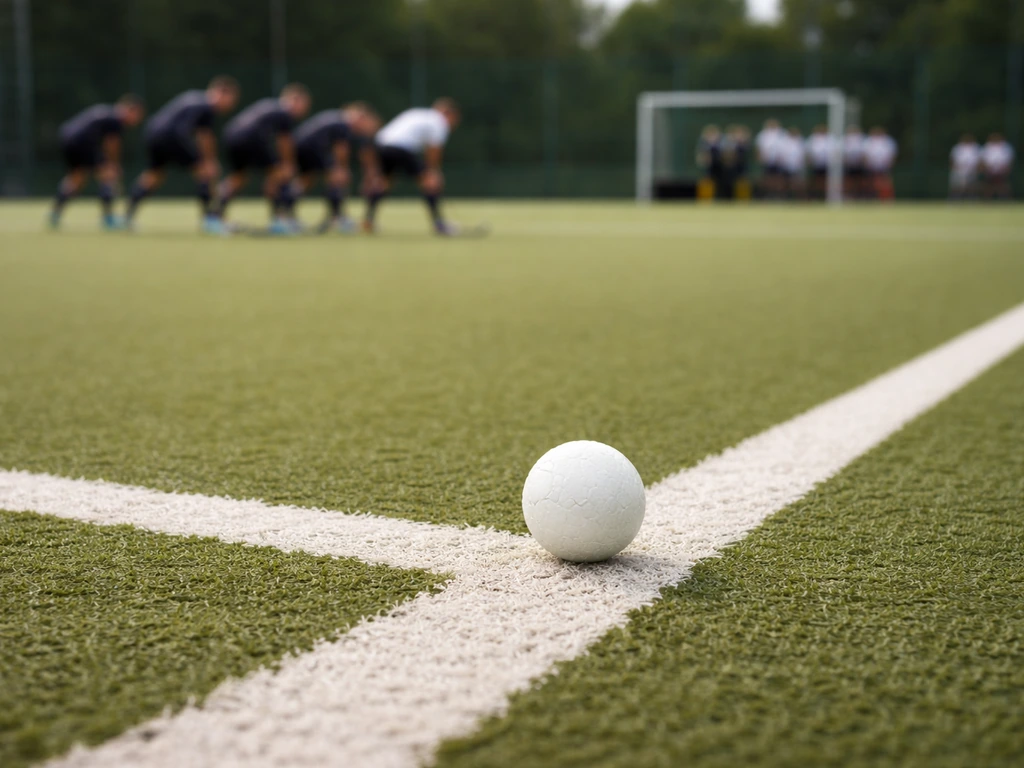 Balle posée pour un penalty corner sur un terrain de hockey sur gazon, joueurs anonymes en attaque et défense.