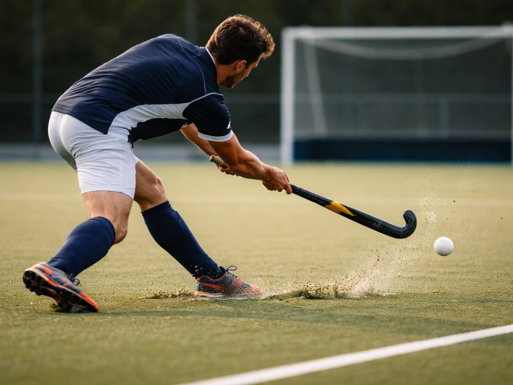 Joueur de hockey sur gazon lançant un tir après une déviation près du but, en action.