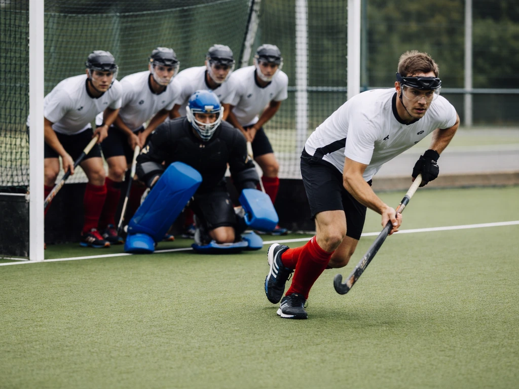Équipe de hockey sur gazon en défense d’un penalty corner, gardien derrière, joueurs en placement prêt à sortir