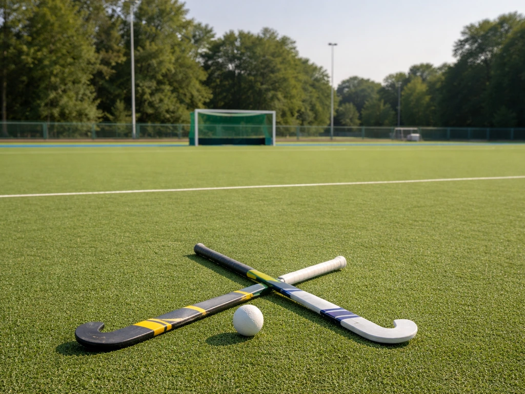 Terrain de hockey sur gazon belge avec but, deux crosses et un ballon sur l’herbe verte.