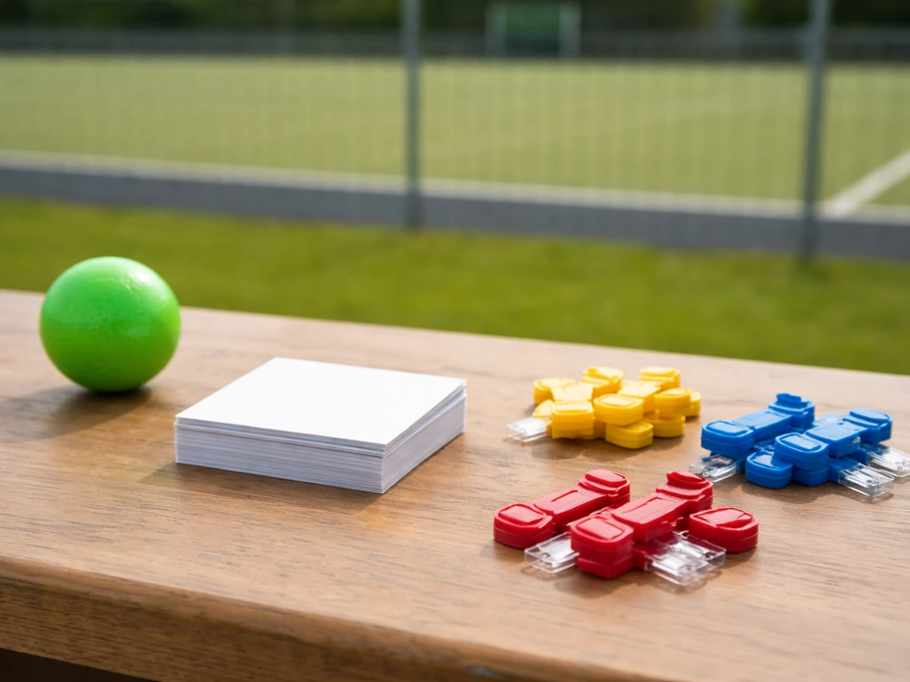 Ballon de hockey sur gazon et badges colorés sur une table, évoquant des catégories de licences sans texte.