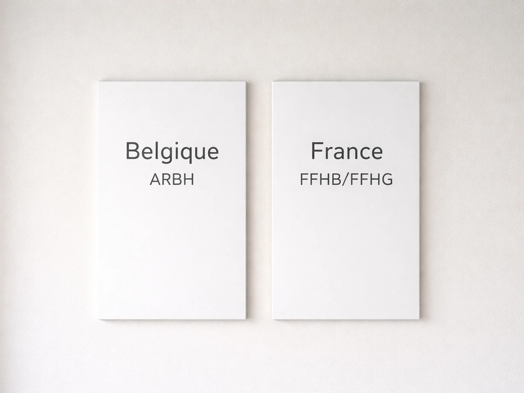 Deux panneaux côte à côte, l’un “Belgique ARBH” et l’autre “France FFHB/FFHG”, illustrant une comparaison des organismes