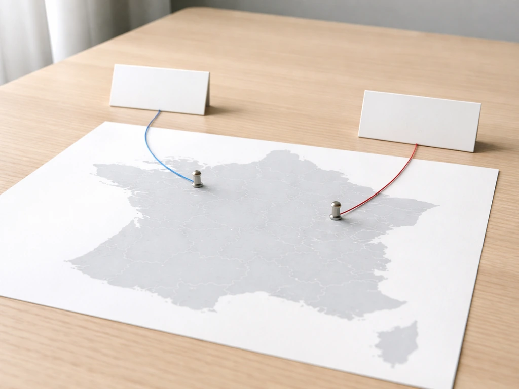 Collage minimal : deux repères visuels sur une carte abstraite de la France, centrés sur Douai et Dijon.