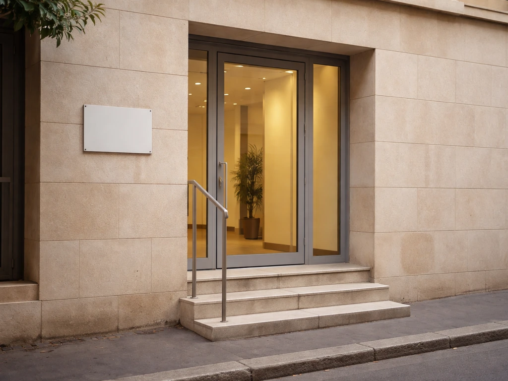 Entrée d’un siège associatif à Dijon, façade claire et porte vitrée, sans texte ni personnes.