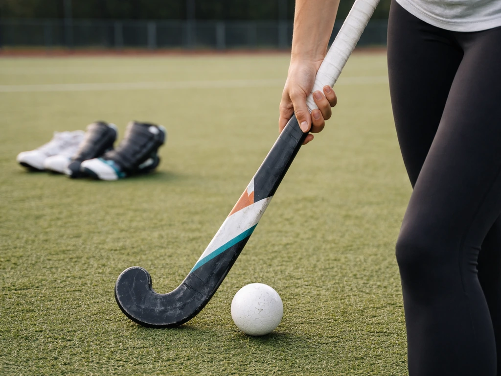 Main tenant une crosse de hockey sur gazon à côté d’un ballon, sur gazon synthétique, accessoires prêts.