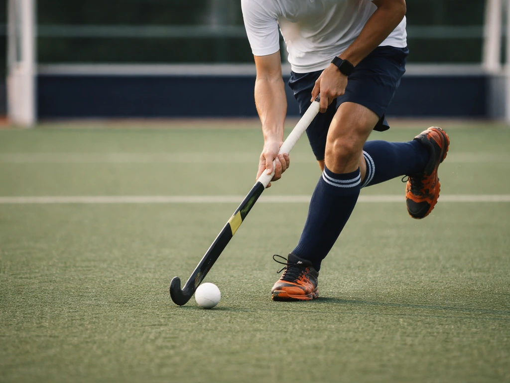 Joueur anonyme de hockey sur gazon sur terrain synthétique, crosse au sol et action de match.