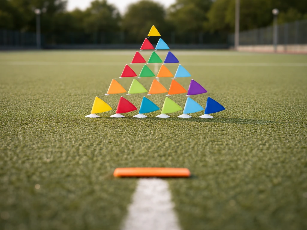 Vue photo d’une “pyramide” de compétitions symbolisée par des fanions de couleur sur un terrain de hockey sur gazon.