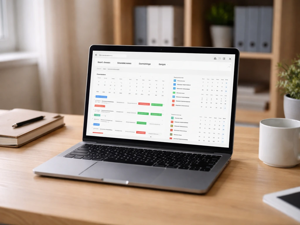 Ordinateur portable sur un bureau affichant un portail générique de calendriers et classements avec filtres.